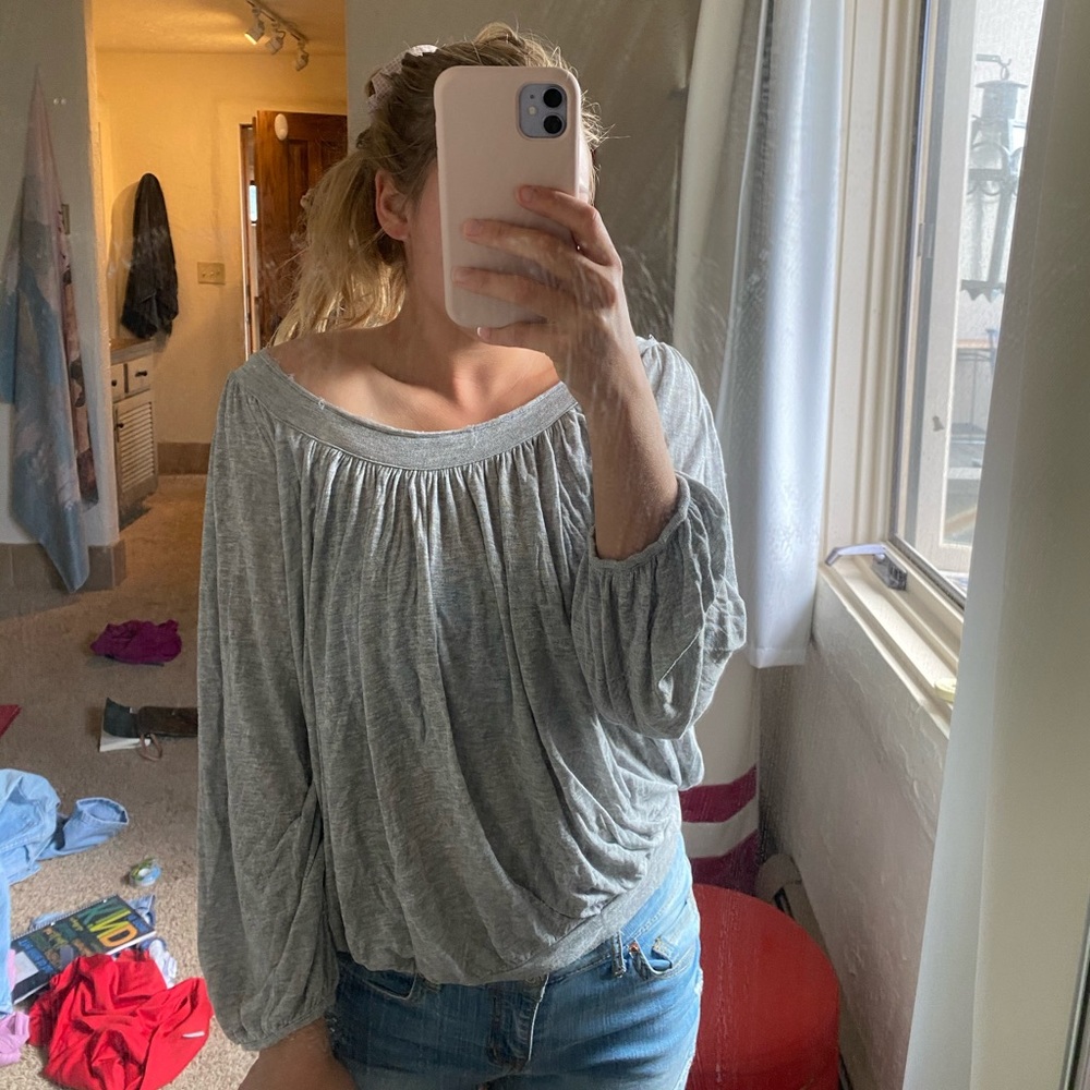 Free People Gray Flounce Long Sleeve Top Small